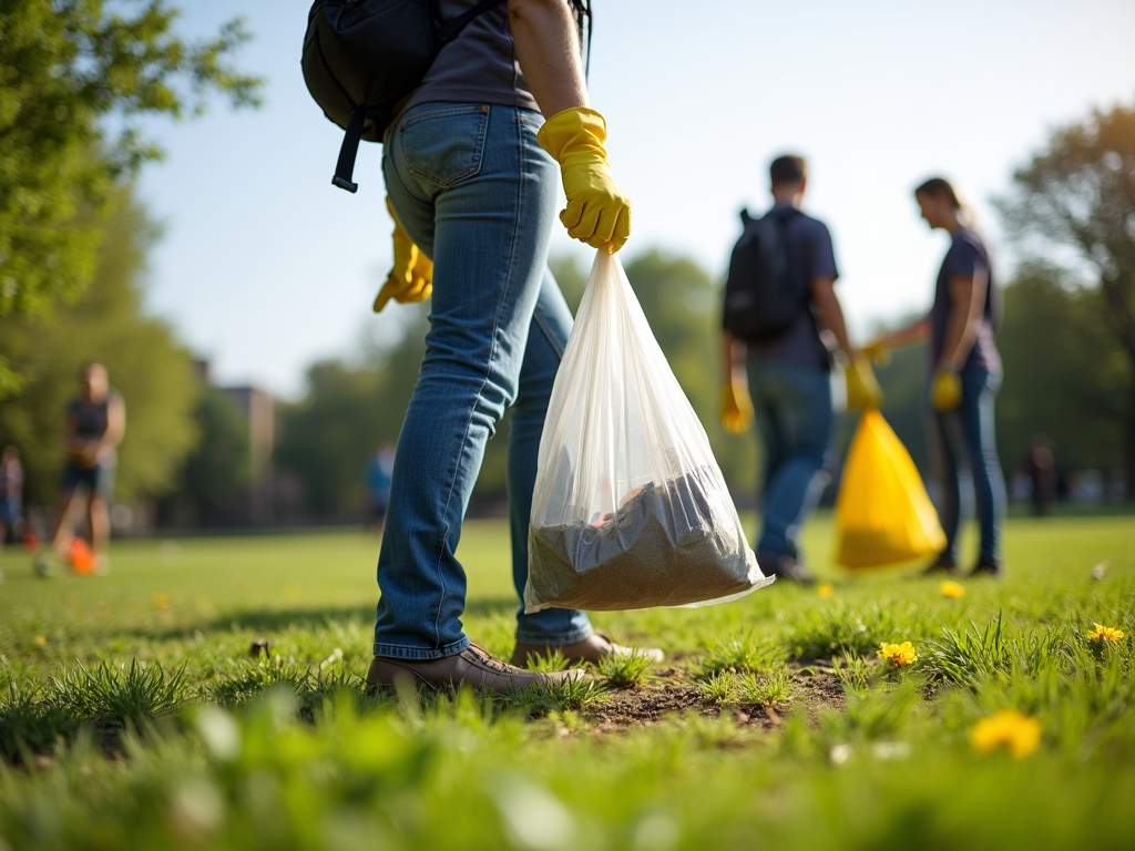 Volunteer cleaning up litter in a park as a civic engagement effort.