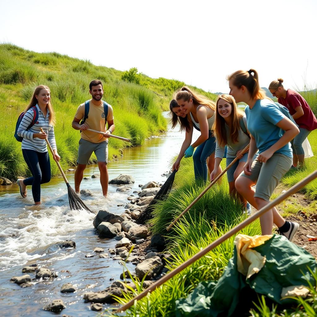 College students cleaning a riverbank, working together with enthusiasm