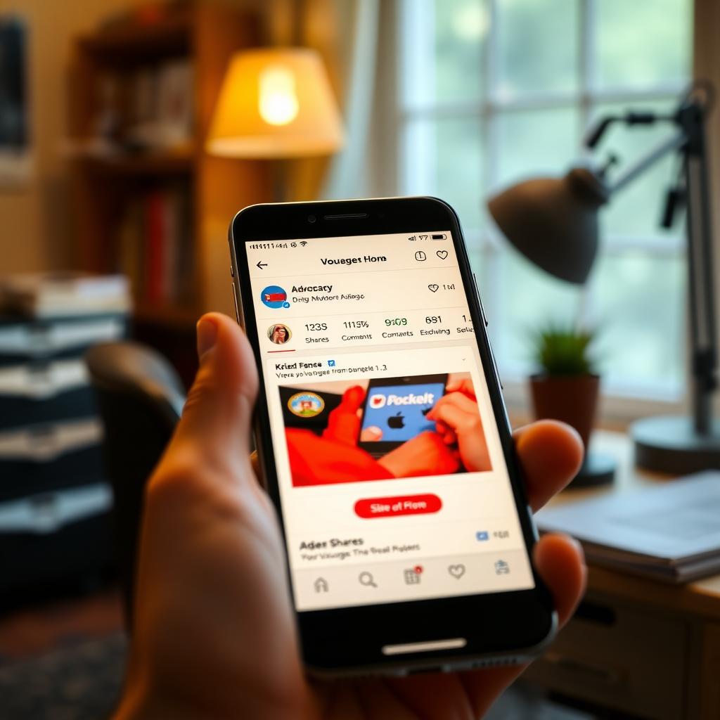 A smartphone showing a social media dashboard with advocacy post metrics in a home office setting.