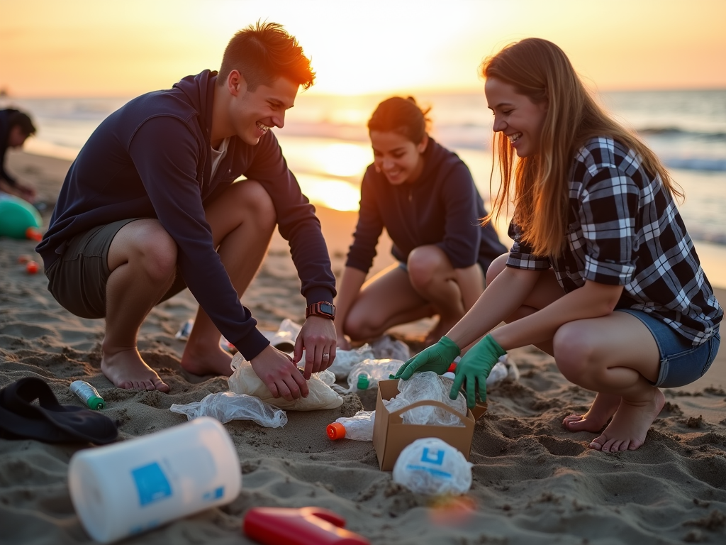 Youth volunteers cleaning up a beach