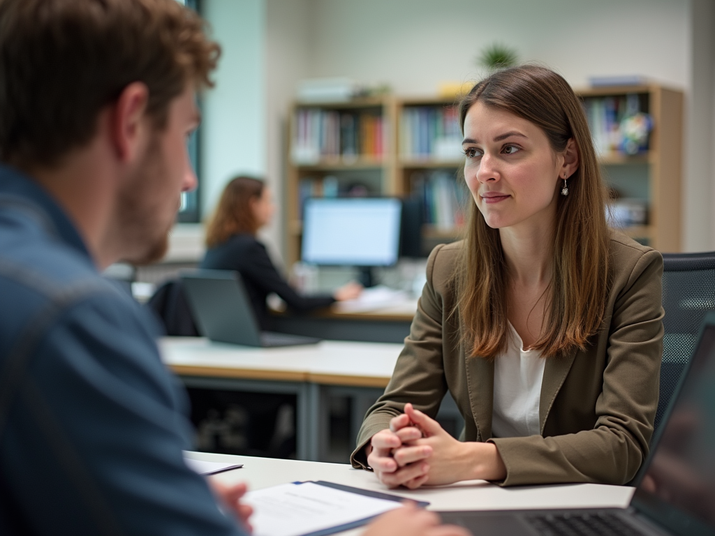 A student sitting at a desk, thoughtfully engaging with a professor, showing collaboration and communication.