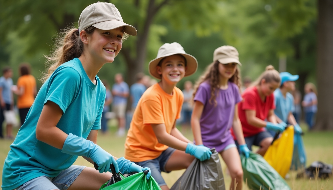 A community clean-up activity with young volunteers actively participating, displaying the tangible impact of youth-driven volunteer projects.