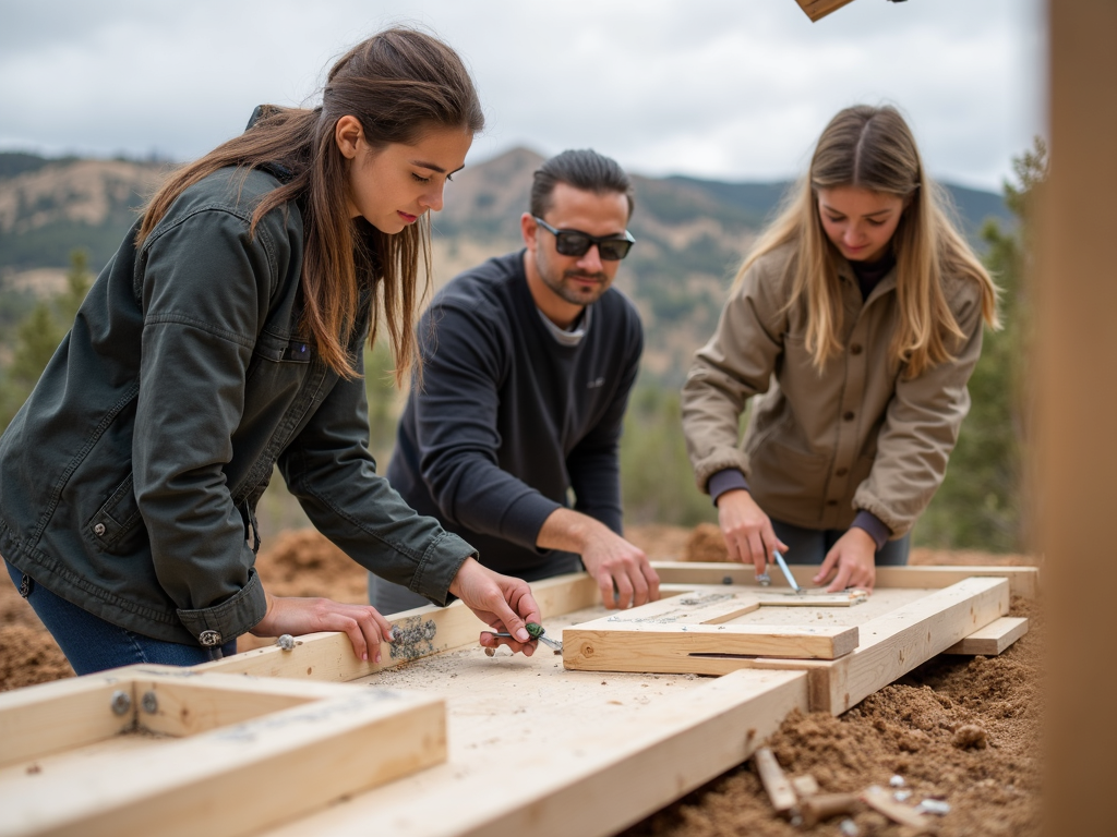 Students in hard hats hammering nails into a wooden frame, with solar panels leaning nearby under a clear sky.