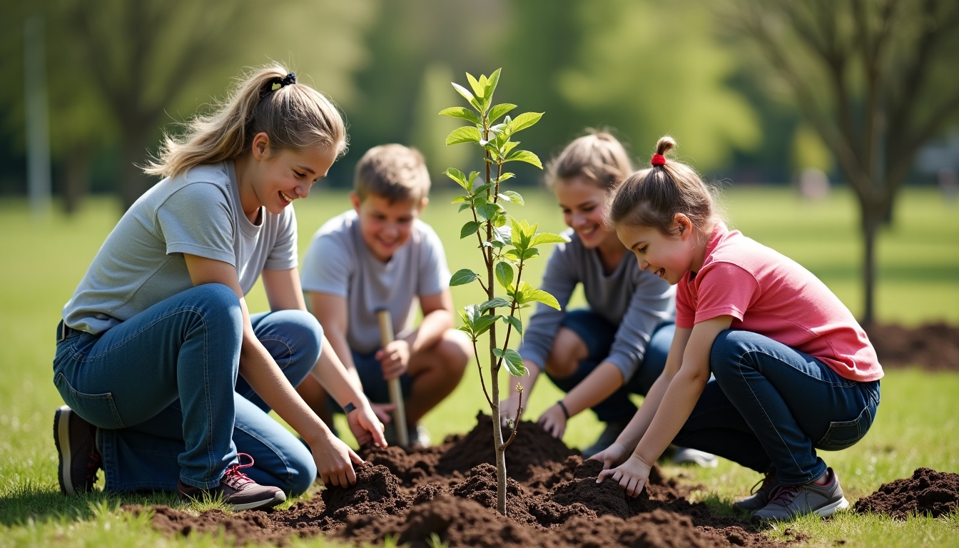 Volunteers planting trees in a community park.