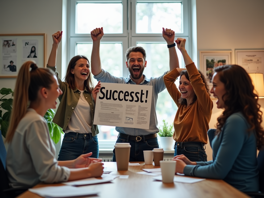 Nonprofit team celebrating impact report