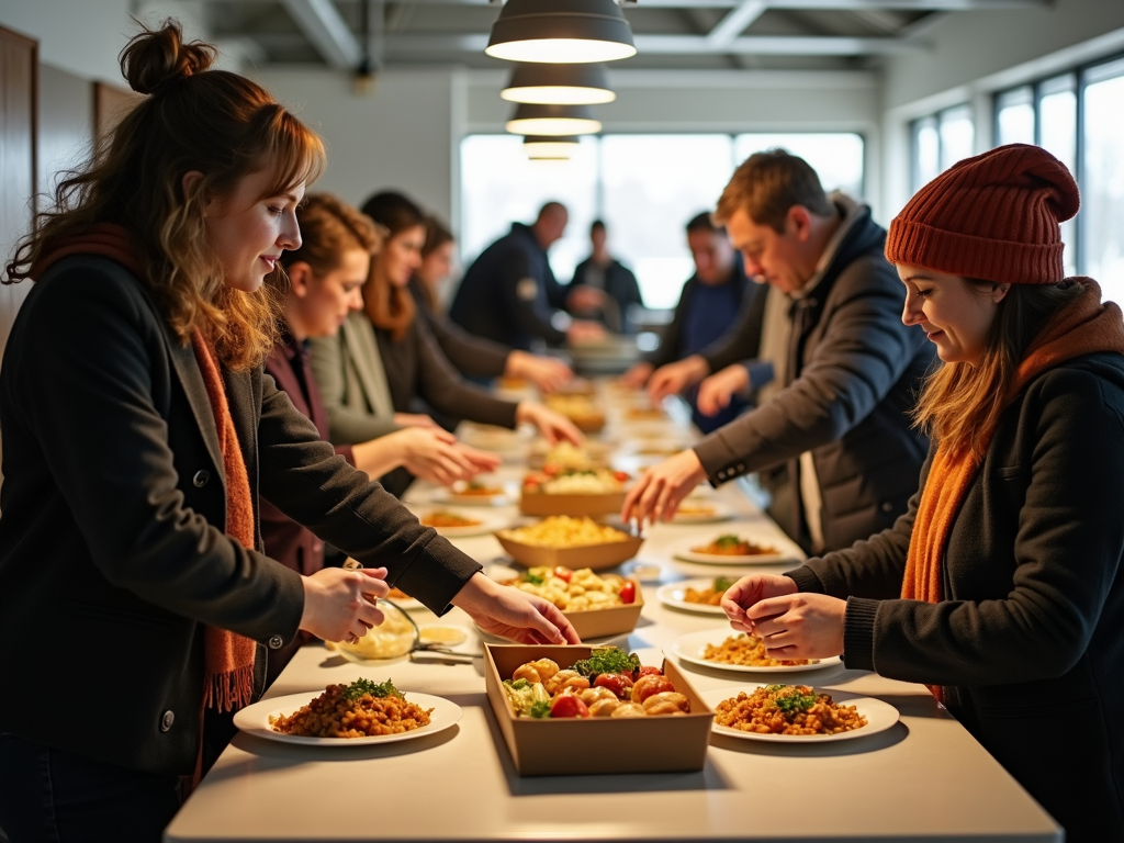Volunteers serving meals at a homeless shelter