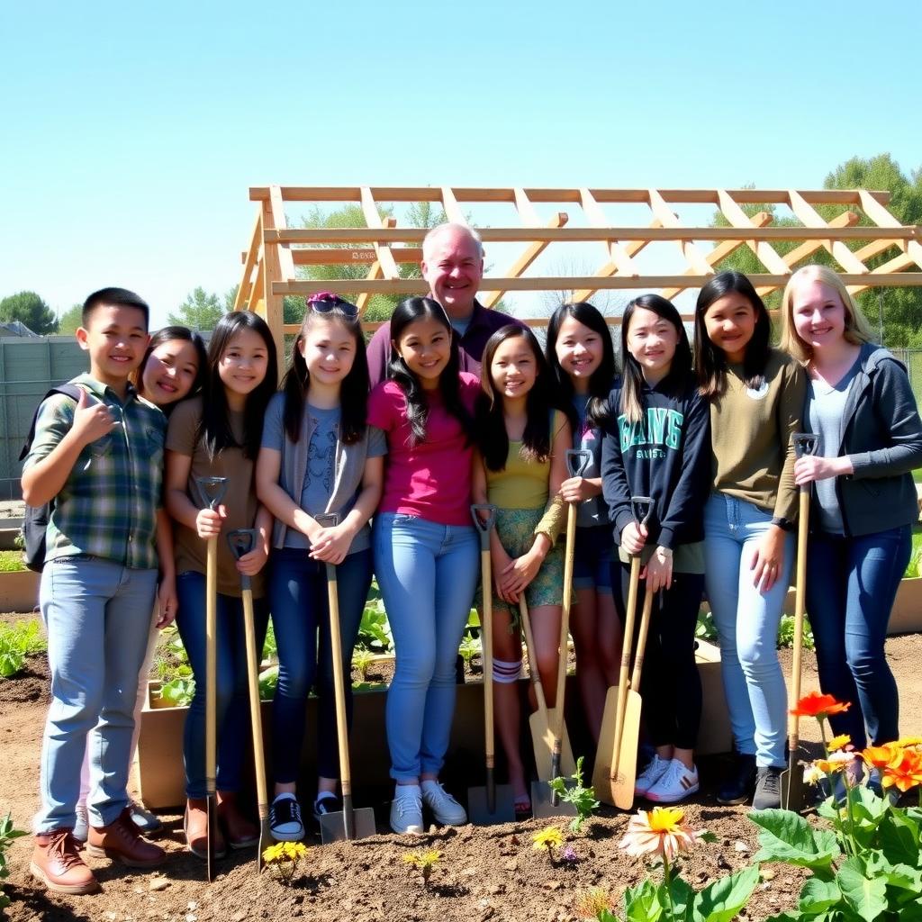 Students and a community leader in front of a newly built community garden with gardening tools.