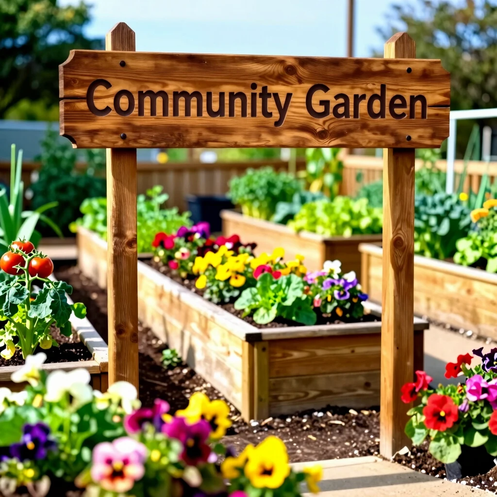 Community garden with raised beds full of flowers and vegetables