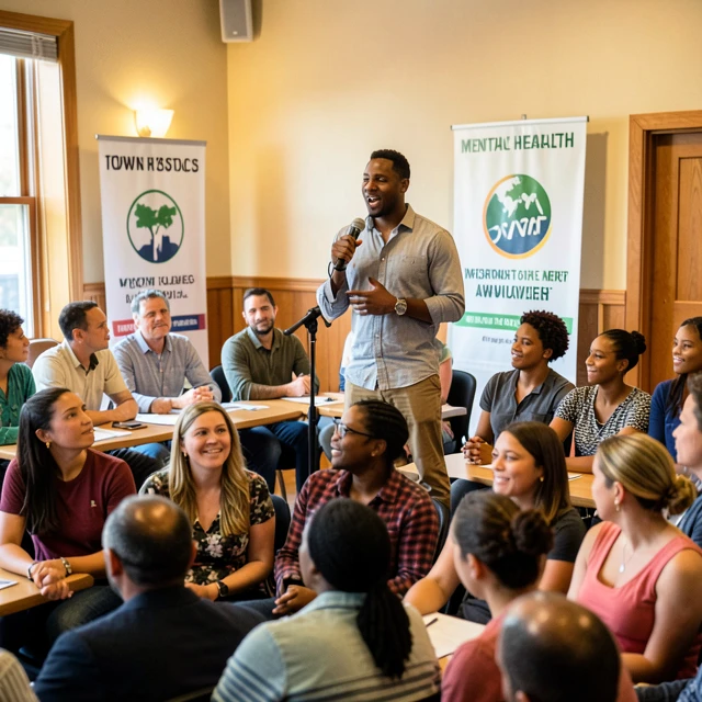 Volunteer advocating for mental health at a town hall