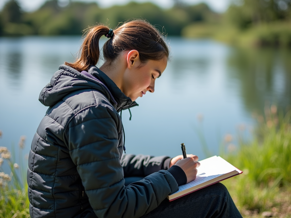 Volunteer journaling by a lake