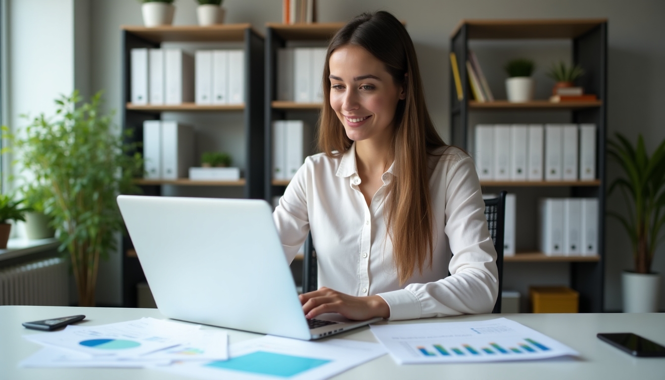 A young woman using accounting software on a laptop, surrounded by financial documents.