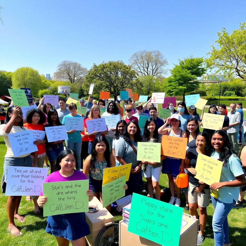 A diverse group of volunteers in a park holding signs and setting up booths to advocate for environmental sustainability.