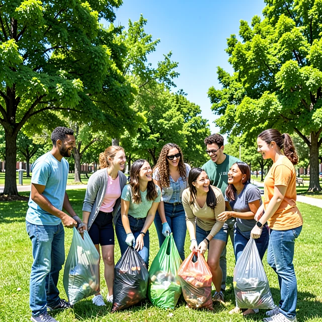 Diverse volunteers teaming up for a park clean-up
