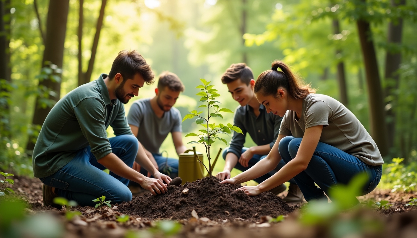 College students planting trees in a forest as part of an environmental conservation project.