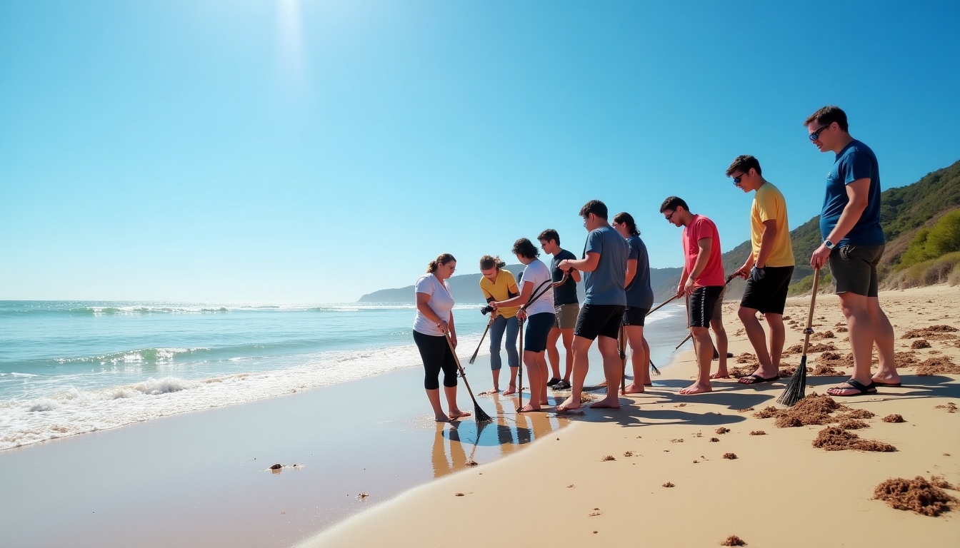 Volunteers collecting trash on a beach, promoting environmental conservation.