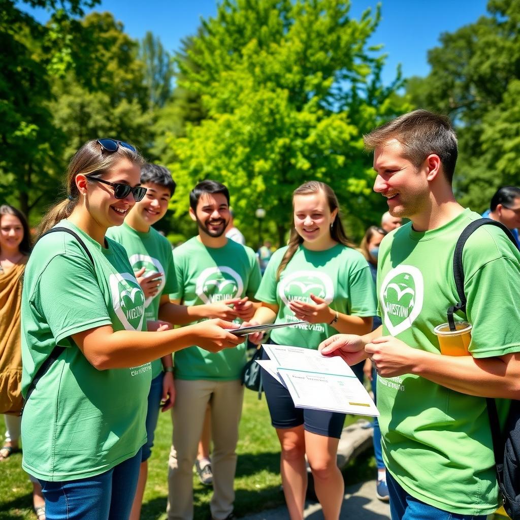 Volunteers in a park handing out flyers about environmental conservation on a sunny day.