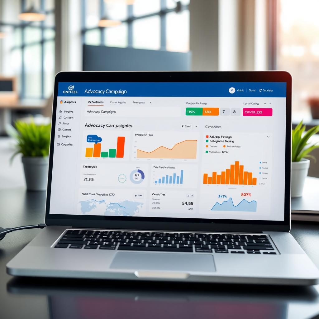 A laptop displaying an analytics dashboard with advocacy campaign metrics in a modern workspace.