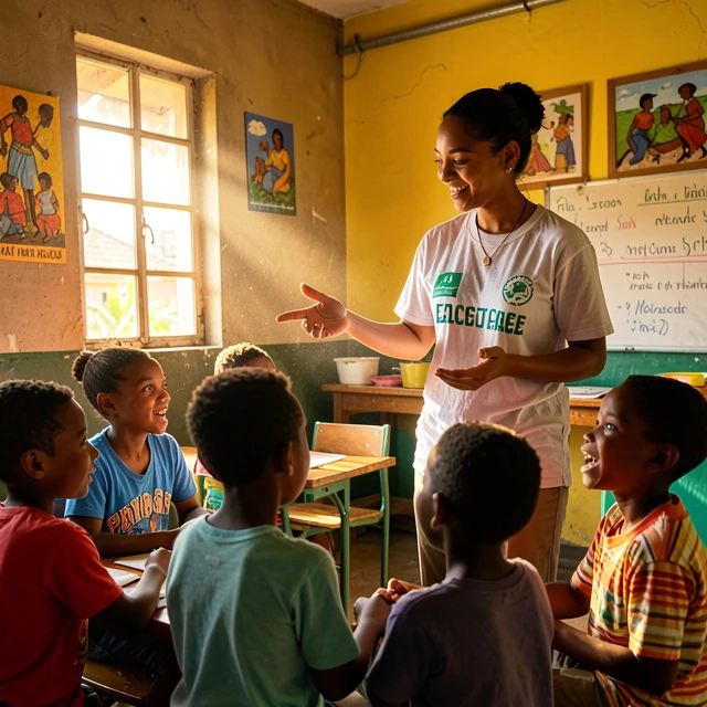 College student volunteering internationally by teaching children