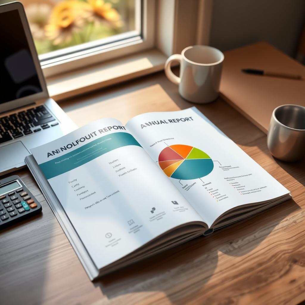 Nonprofit annual report with a pie chart on a desk with a calculator and laptop