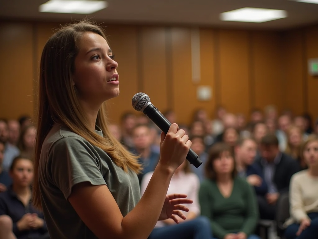 Teen advocating for a cause at a community meeting, demonstrating leadership and public speaking skills.