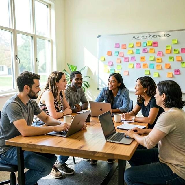 Diverse volunteers brainstorming advocacy campaign strategies in a community center
