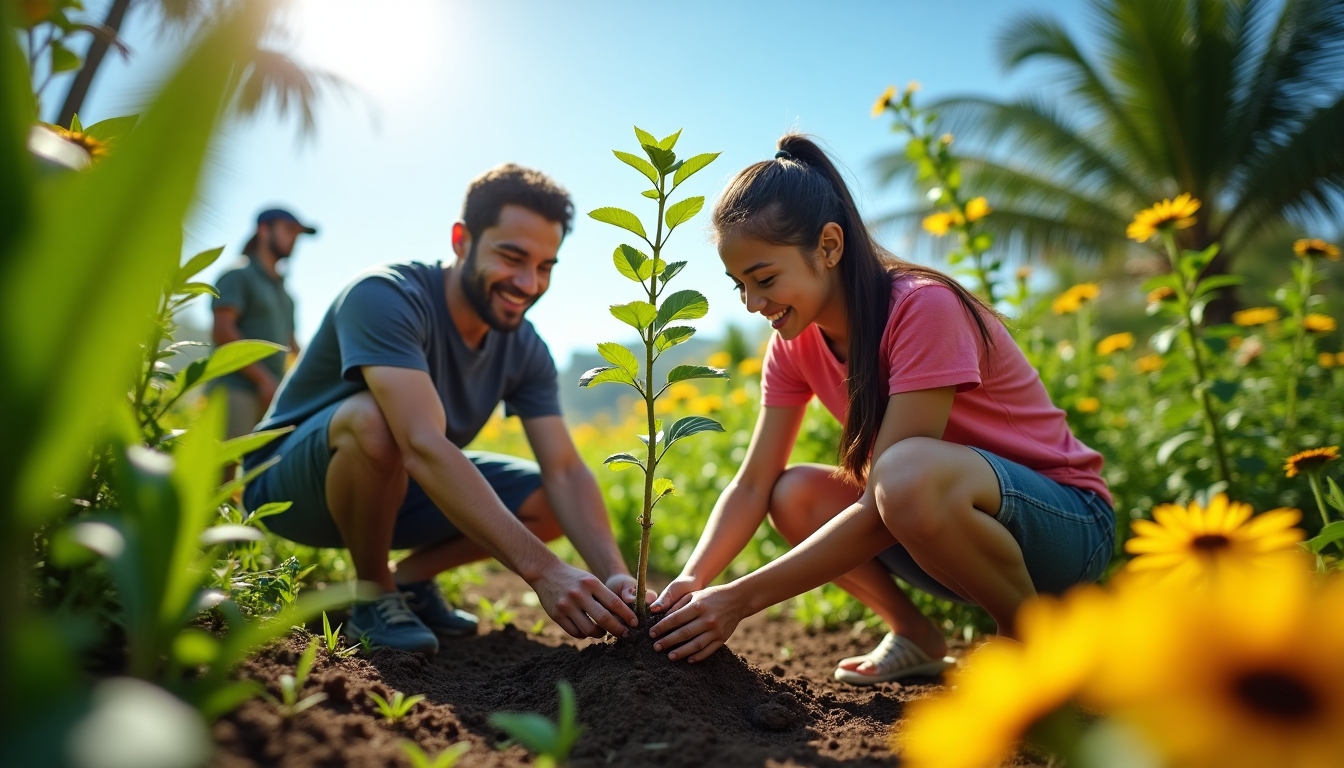 A college student helping plant trees with locals in a tropical area.