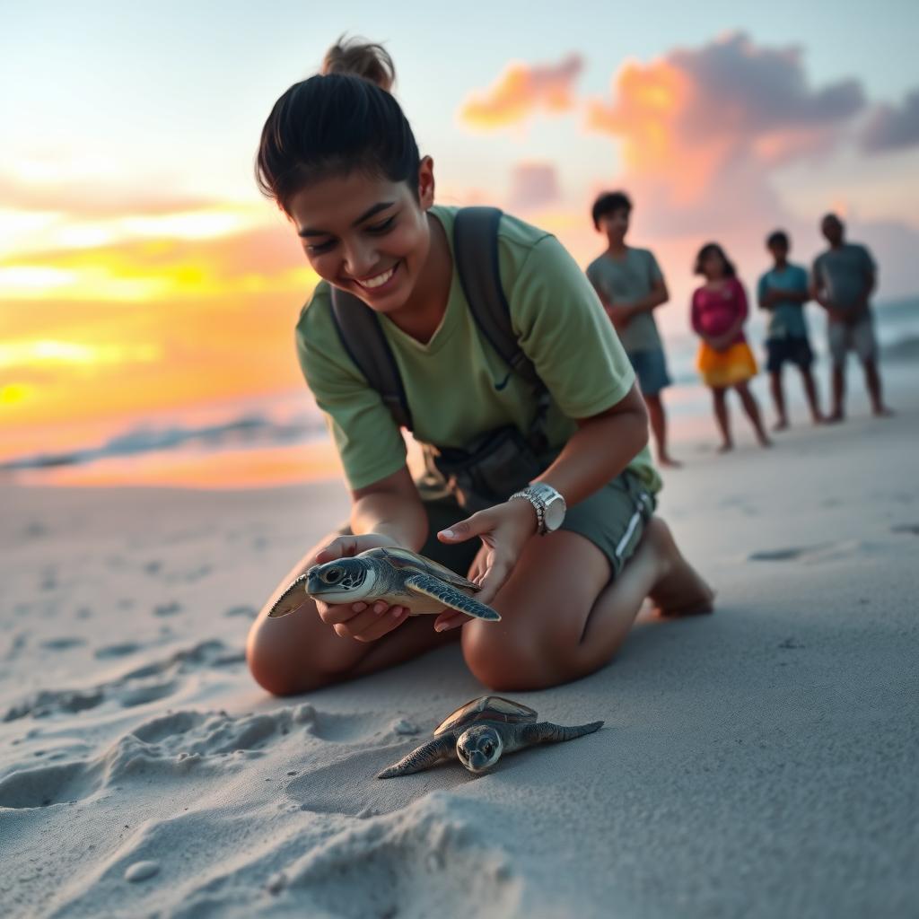 Volunteer releasing a baby sea turtle into the ocean at sunset with local conservationists