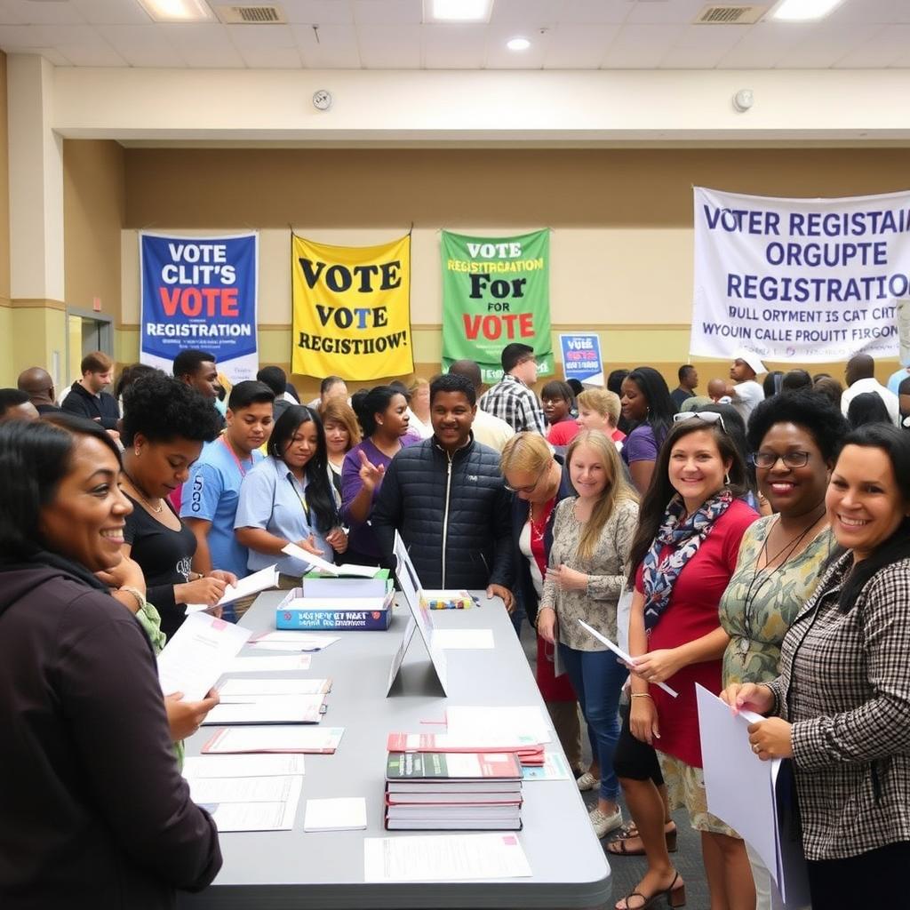 Volunteers and attendees at a voter registration drive in a lively community center.