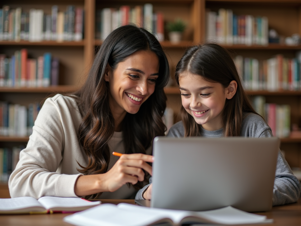 Volunteer mentoring a student in a library