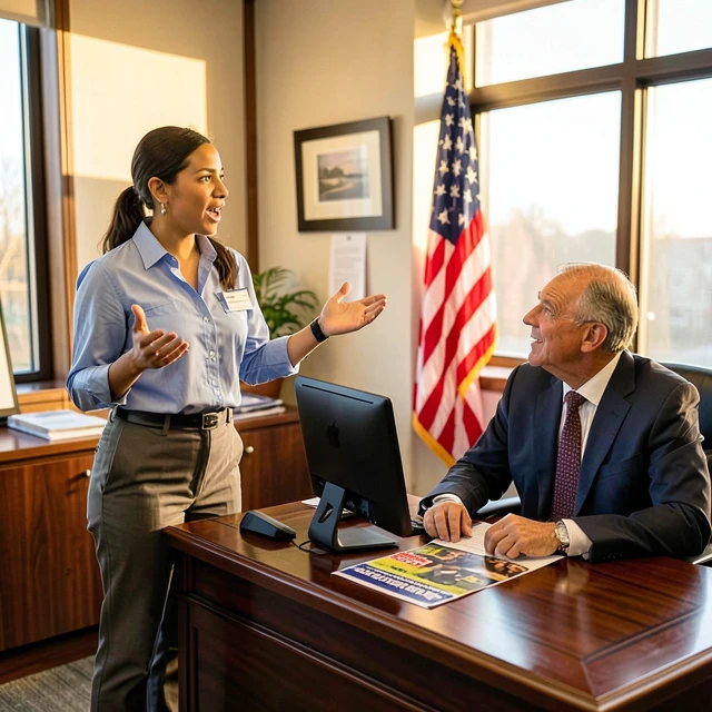 Volunteer advocating directly to a policymaker in an office setting