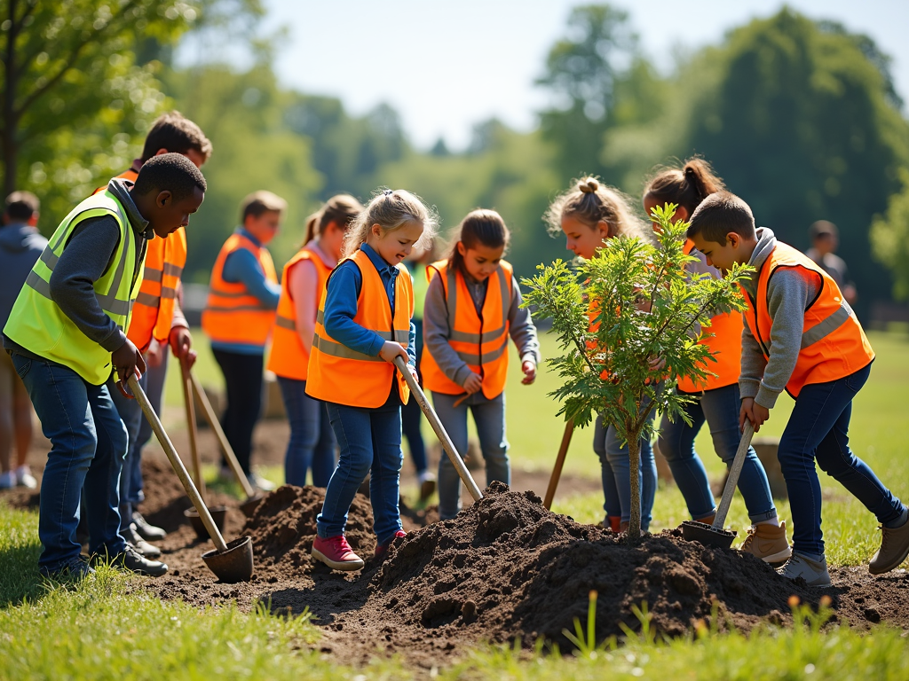 Volunteers of all ages planting trees in a local park, fostering community spirit and environmental stewardship.