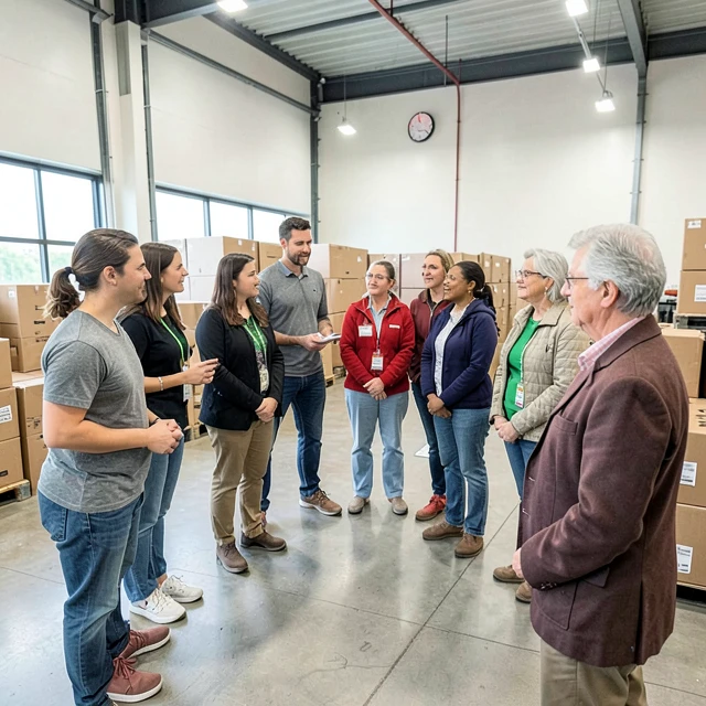 New volunteers attending an orientation session at a Feeding America food bank