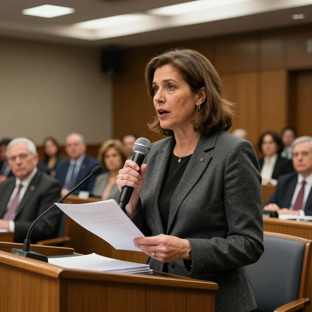 Volunteer testifying at a policy hearing with petitions in hand