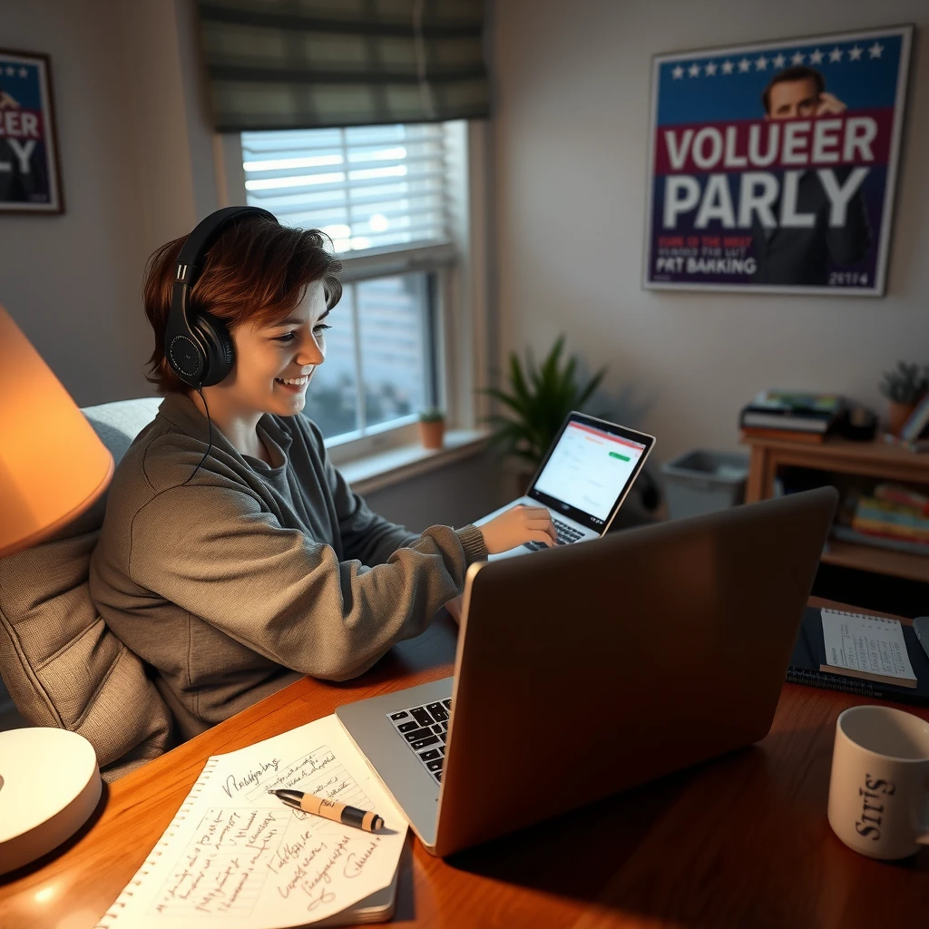 Volunteer engaged in remote phone banking from home