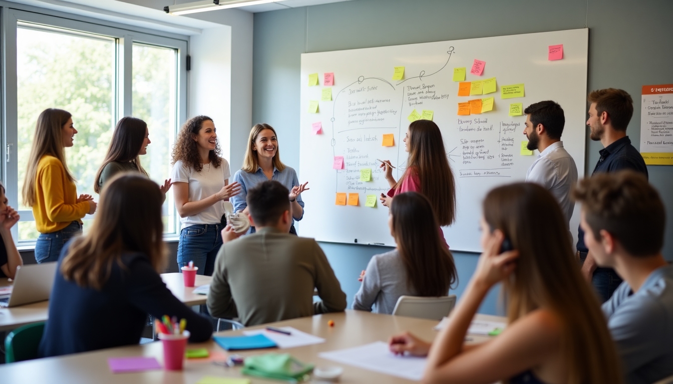 A classroom setting with students brainstorming ideas on a whiteboard, showcasing education strategies for service learning.