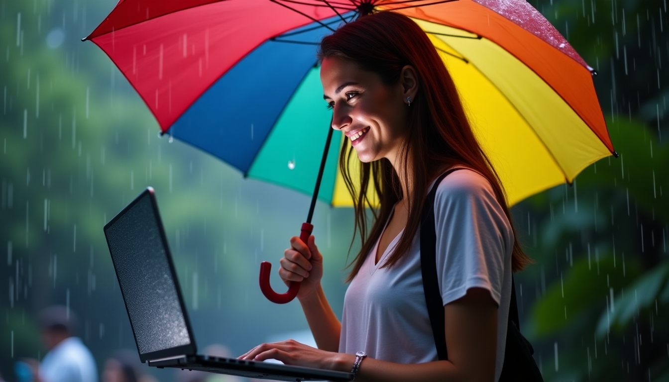 Advocacy volunteer adapting to rain with a virtual setup