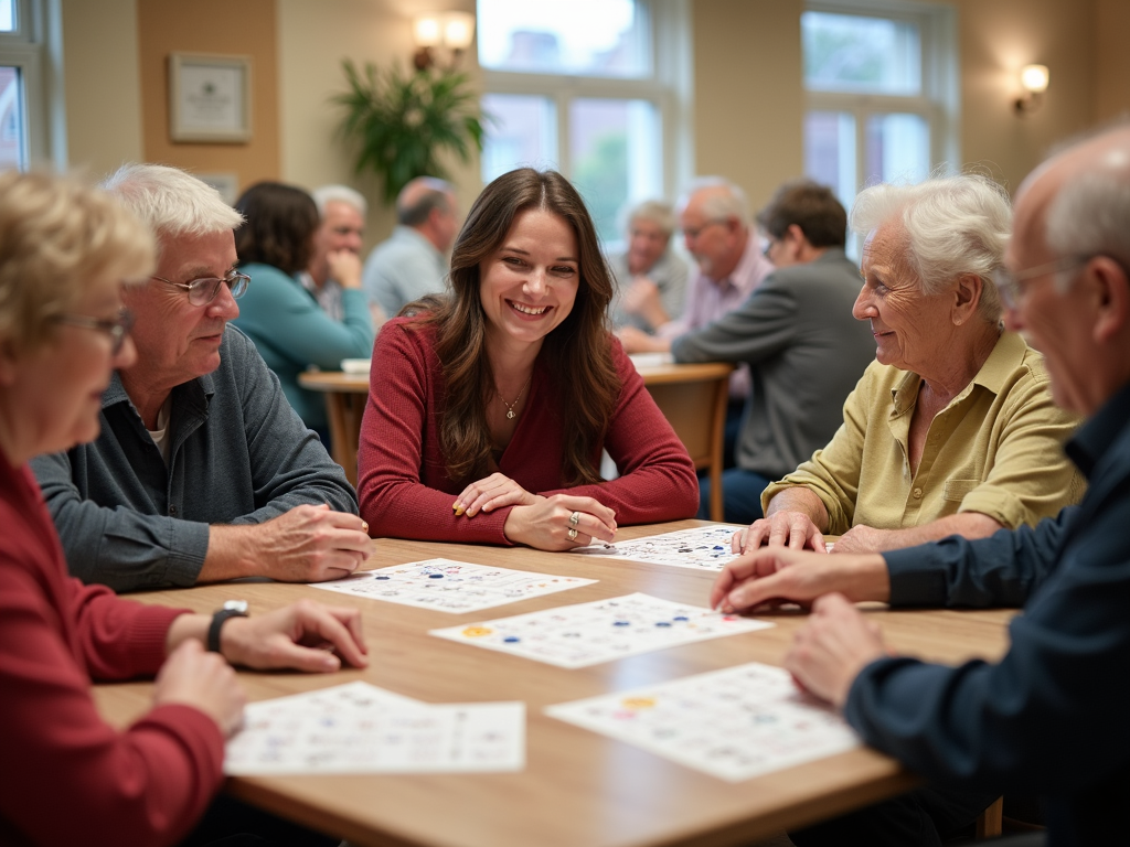 Volunteers and seniors playing bingo.