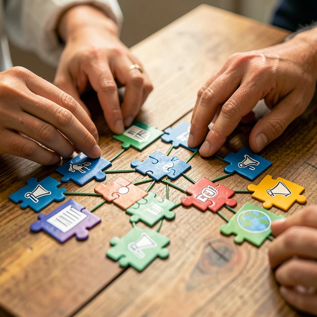 Puzzle pieces forming a strong advocacy network symbol