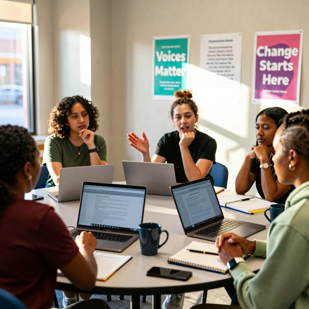 Team of volunteers brainstorming at a community meeting