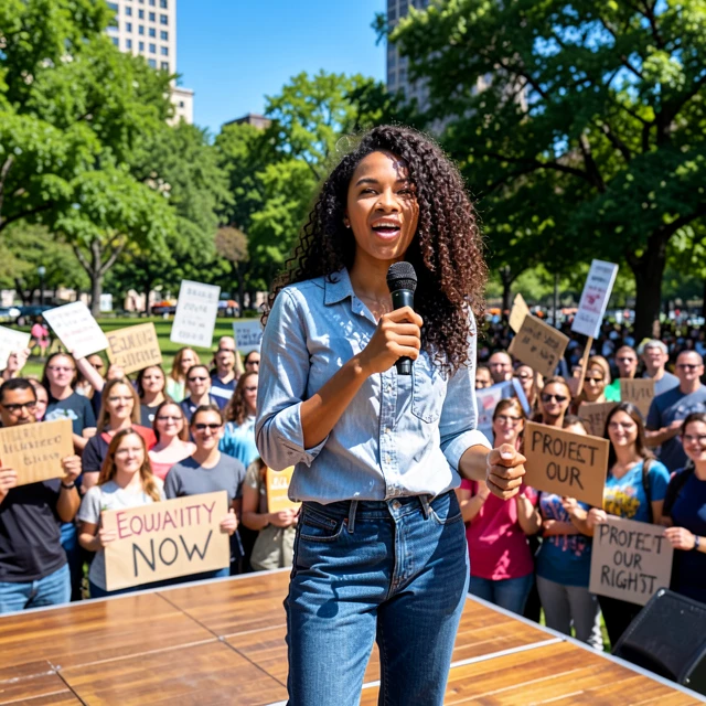 Advocate delivering an inspiring speech at a community rally