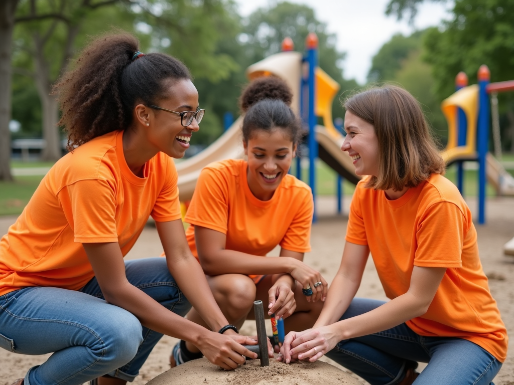 Volunteers building a playground together