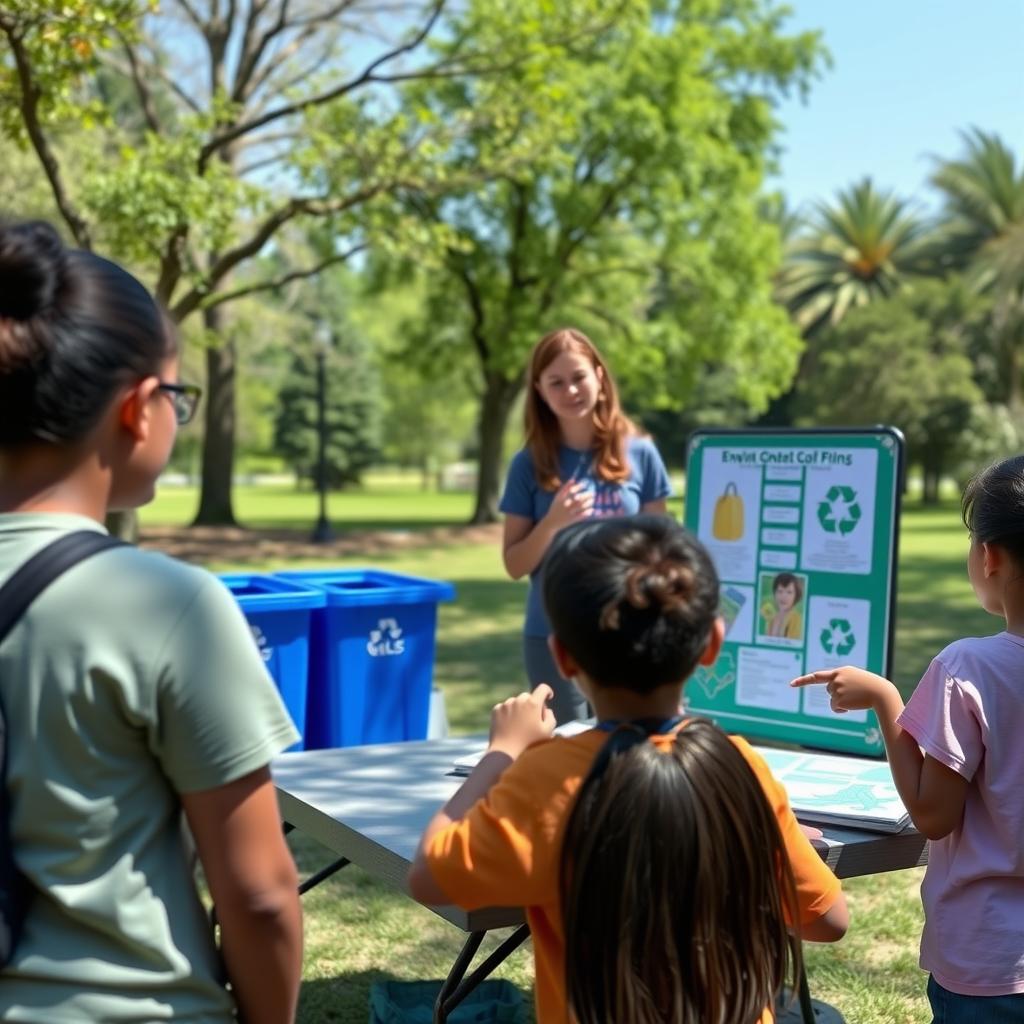College student leading an environmental education workshop for kids in a park, with recycling bins and posters.