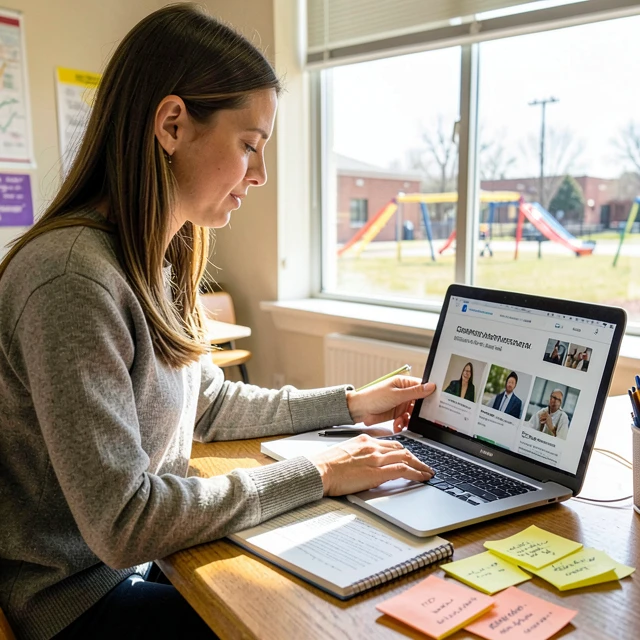 Educator planning a service learning project at her desk