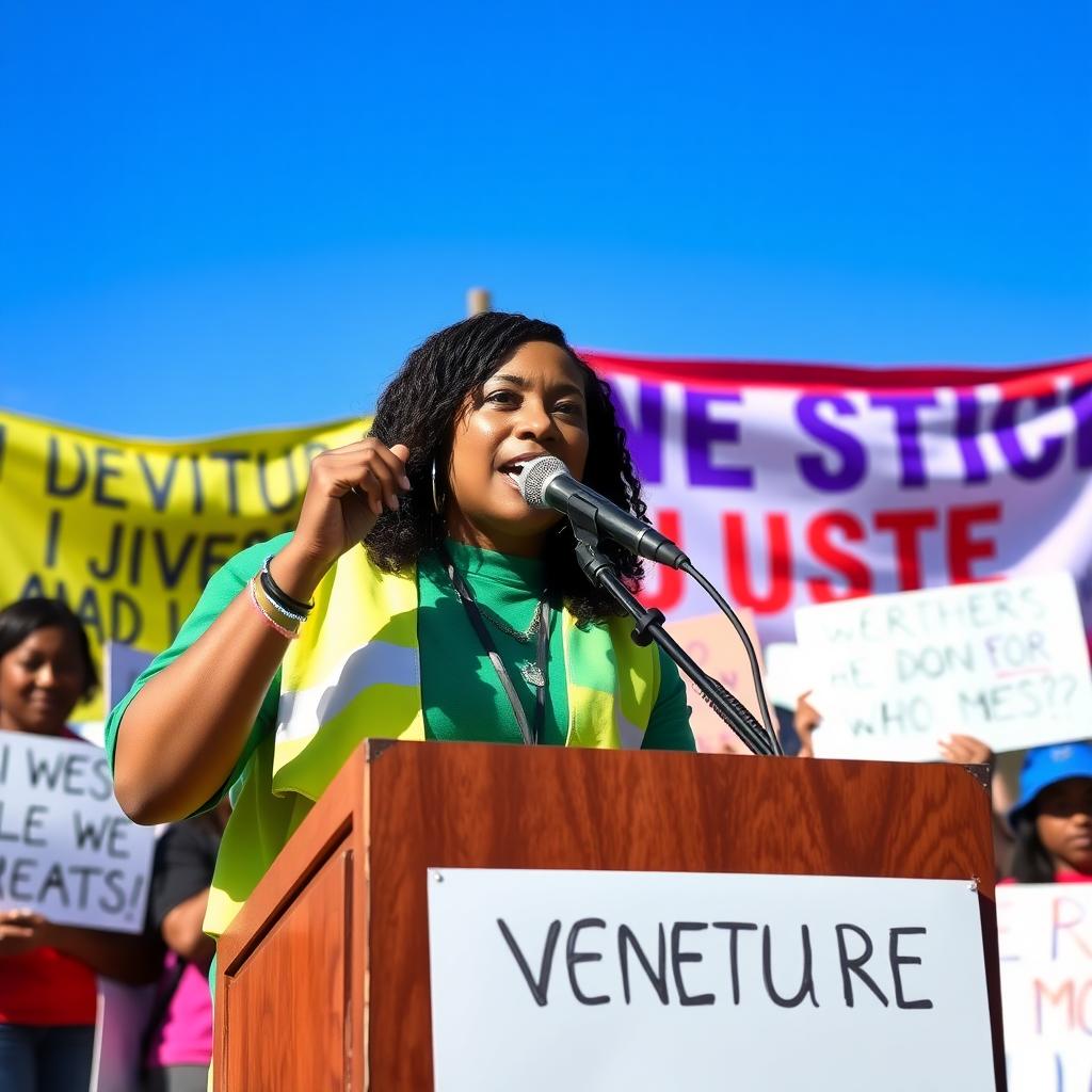 A volunteer delivering a speech at a community advocacy rally, surrounded by supporters with signs.