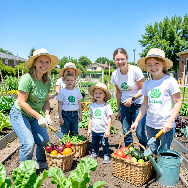 Youth and volunteers harvesting in a community garden, promoting environmental education
