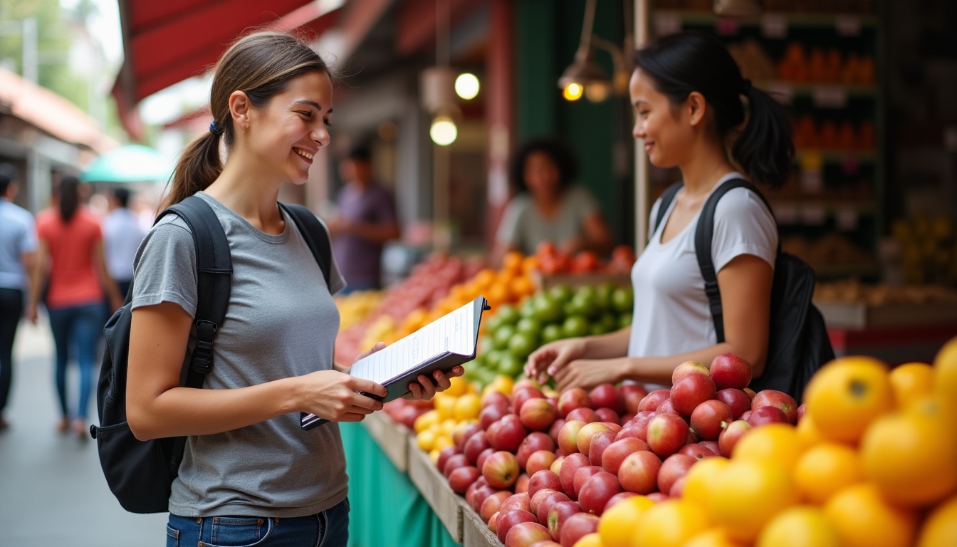 Volunteer learning language at a market