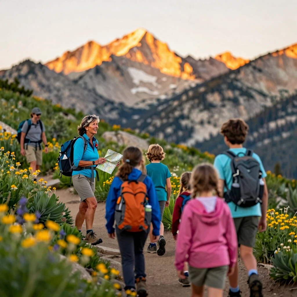 Outing leader guiding hikers on a mountain trail