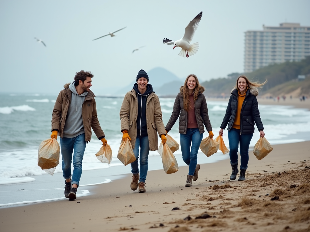 College students cleaning up a beach as part of a volunteer opportunity