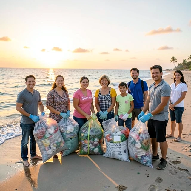 Volunteers cleaning up a beach at sunset