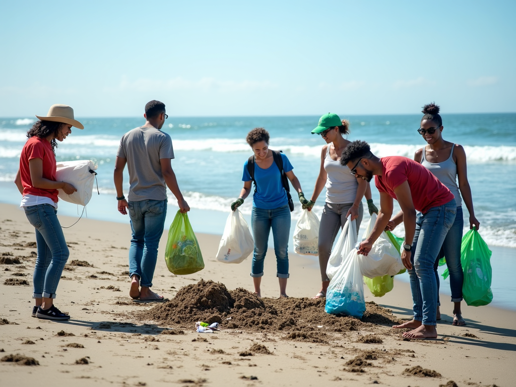 Volunteers engaged in a beach cleanup as part of civic engagement.